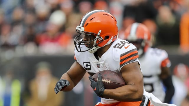 Dec 11, 2022; Cincinnati, Ohio, USA; Cleveland Browns running back Nick Chubb (24) runs with the ball against the Cincinnati Bengals in the first half at Paycor Stadium. Mandatory Credit: Katie Stratman-USA TODAY Sports